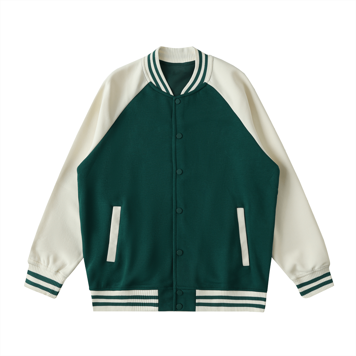Green and white varsity jacket on a white background