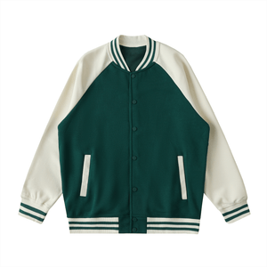 Green and white varsity jacket on a white background