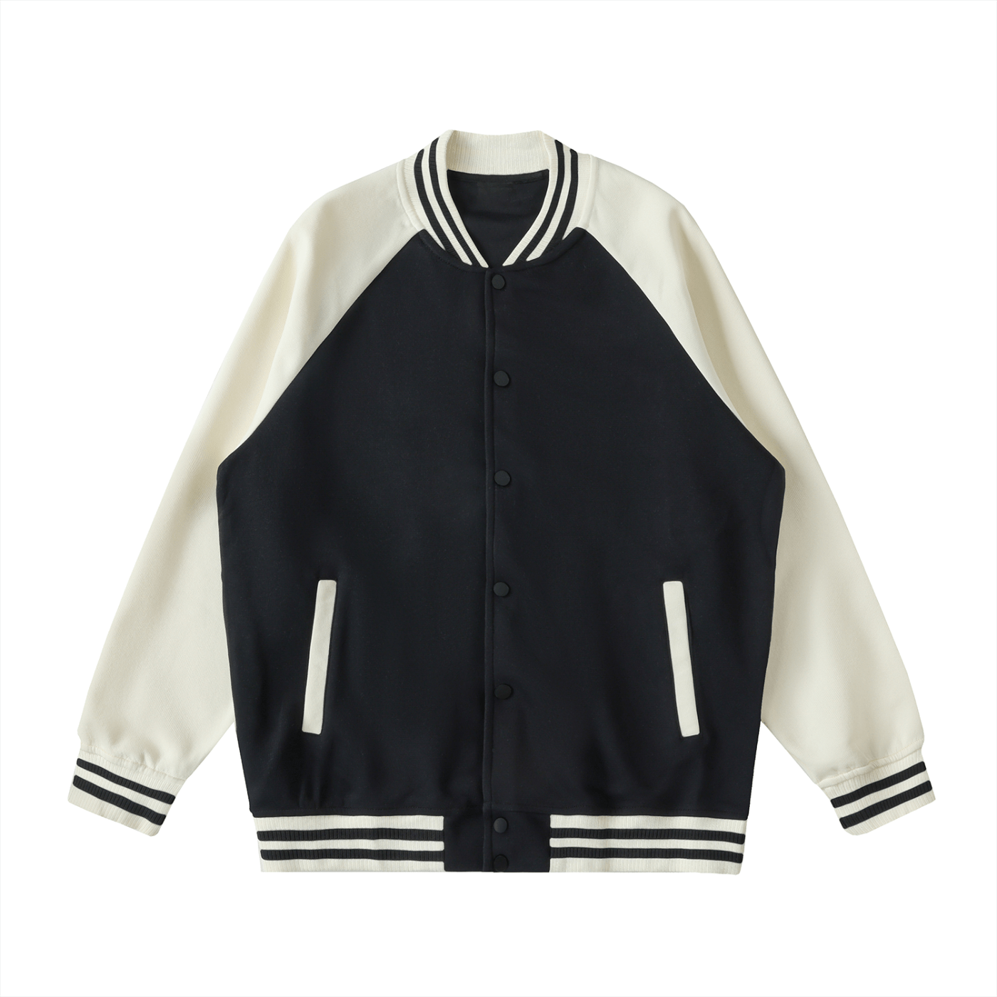 Black and white varsity jacket on a white background
