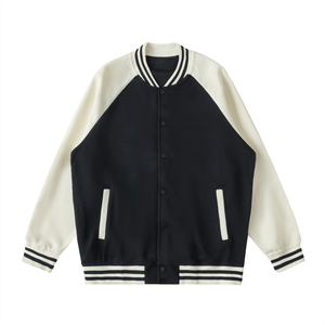 Black and white varsity jacket on a white background