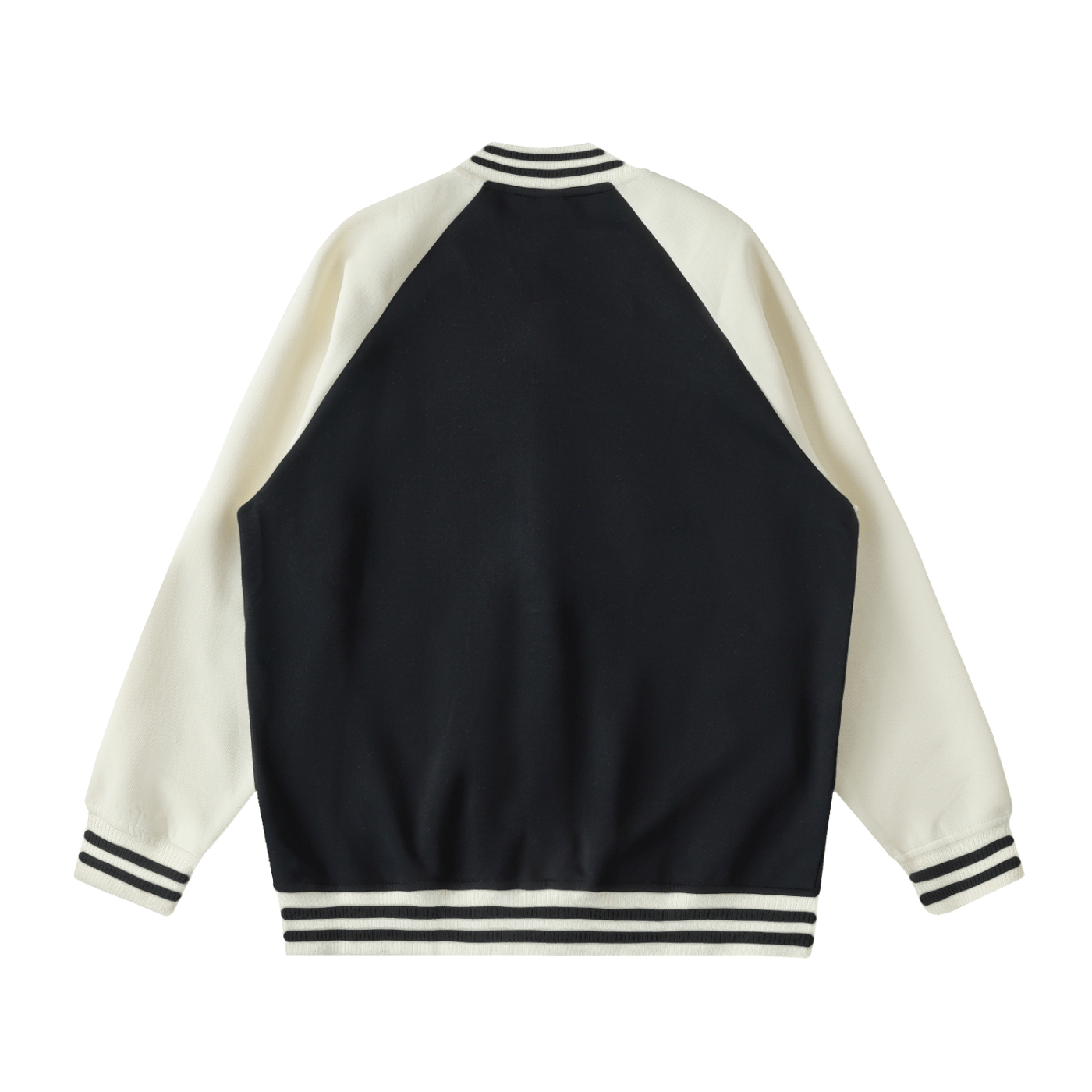 Black and white varsity jacket on a white background