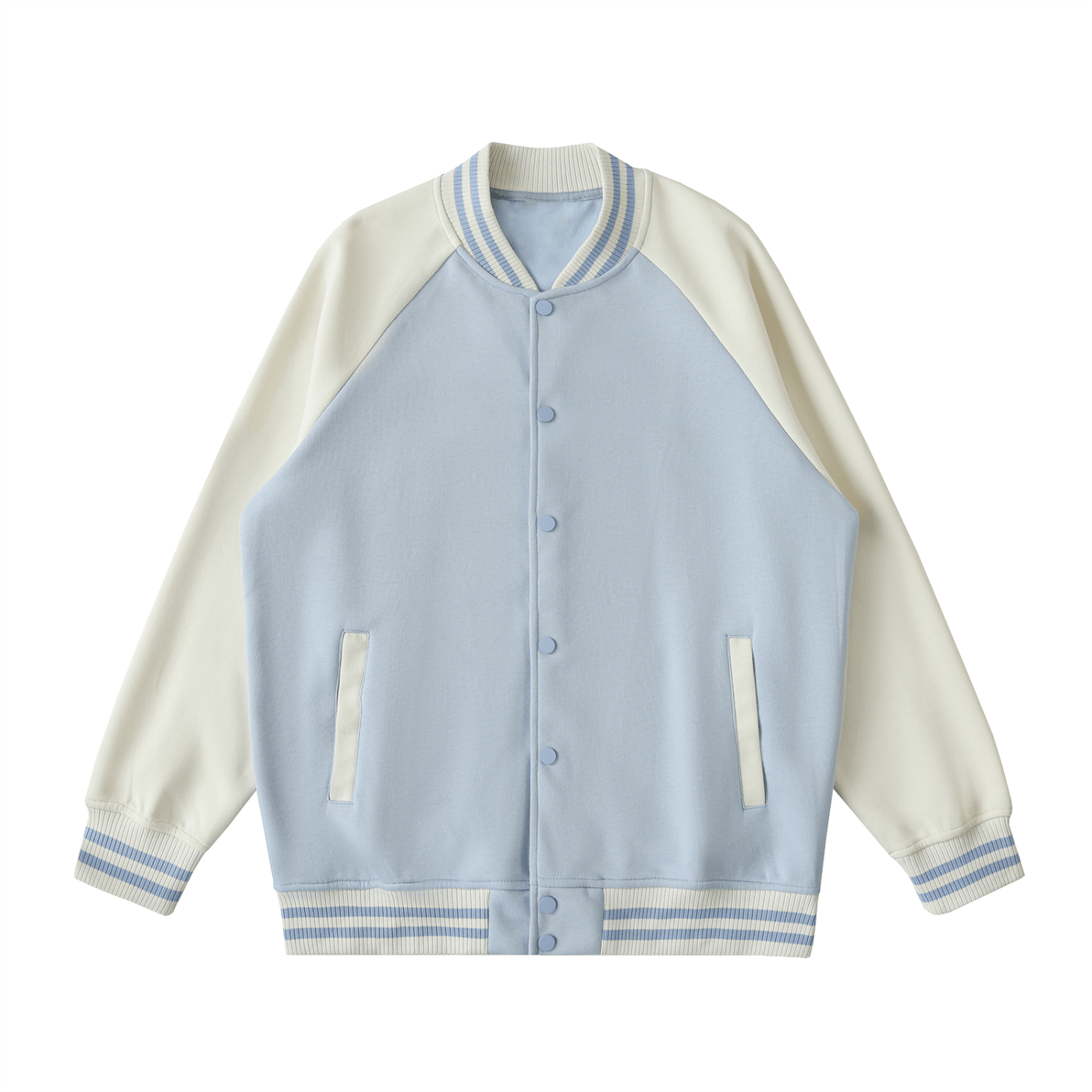 Light blue and white varsity jacket on a white background