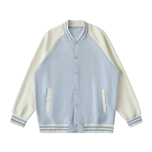 Light blue and white varsity jacket on a white background