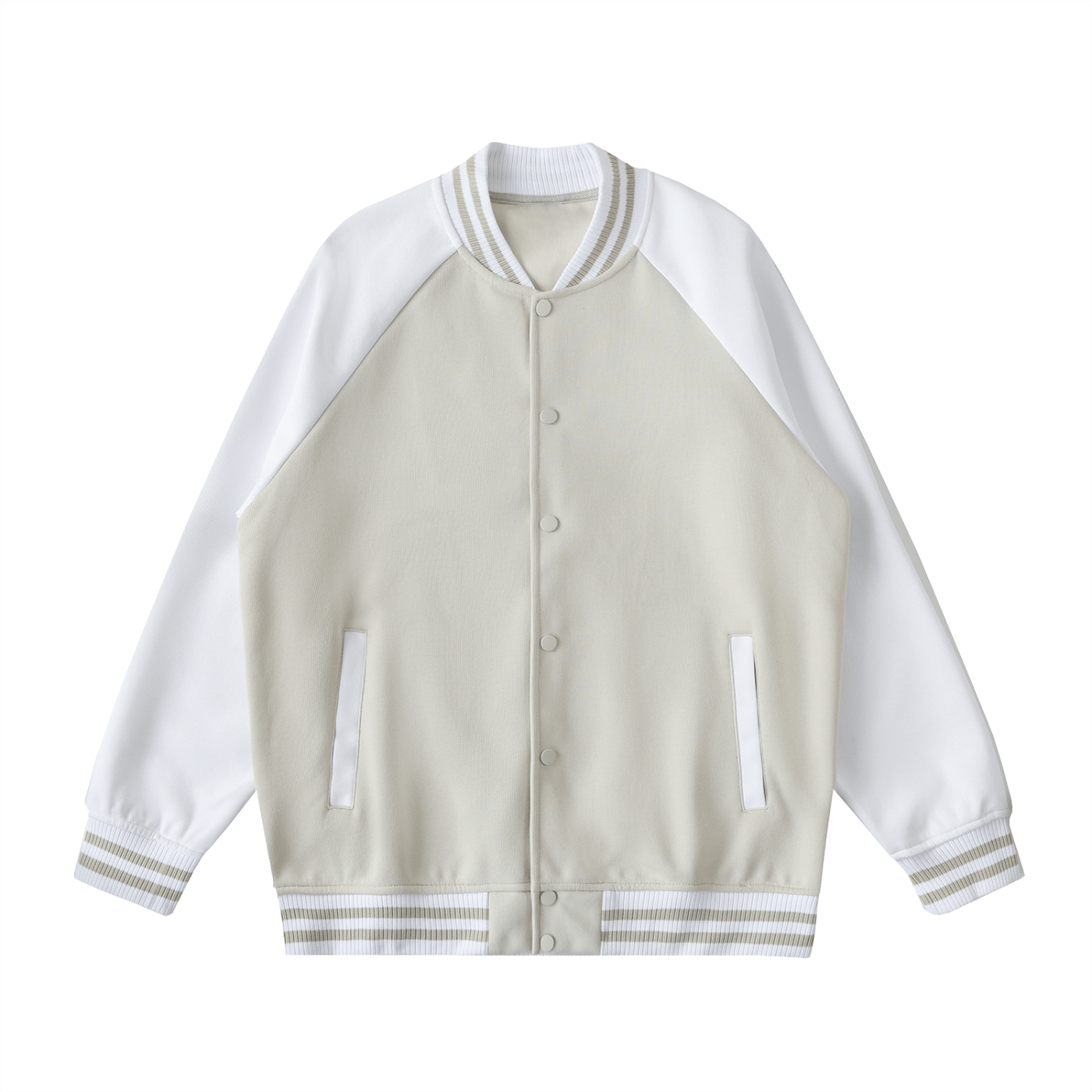Two-tone beige and white baseball jacket on a white background