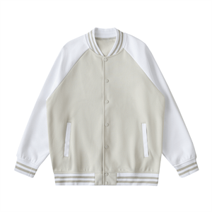 Two-tone beige and white baseball jacket on a white background