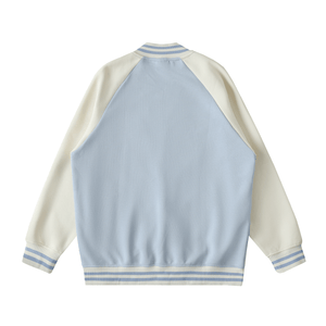 Light blue and cream baseball jacket on a white background