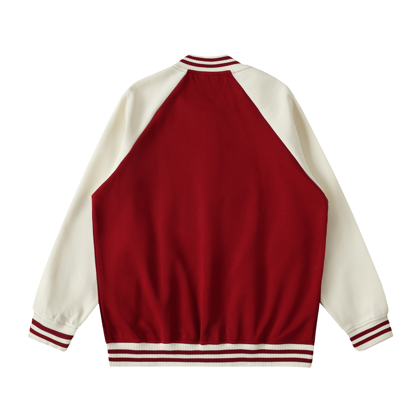 Red and white varsity jacket on a white background
