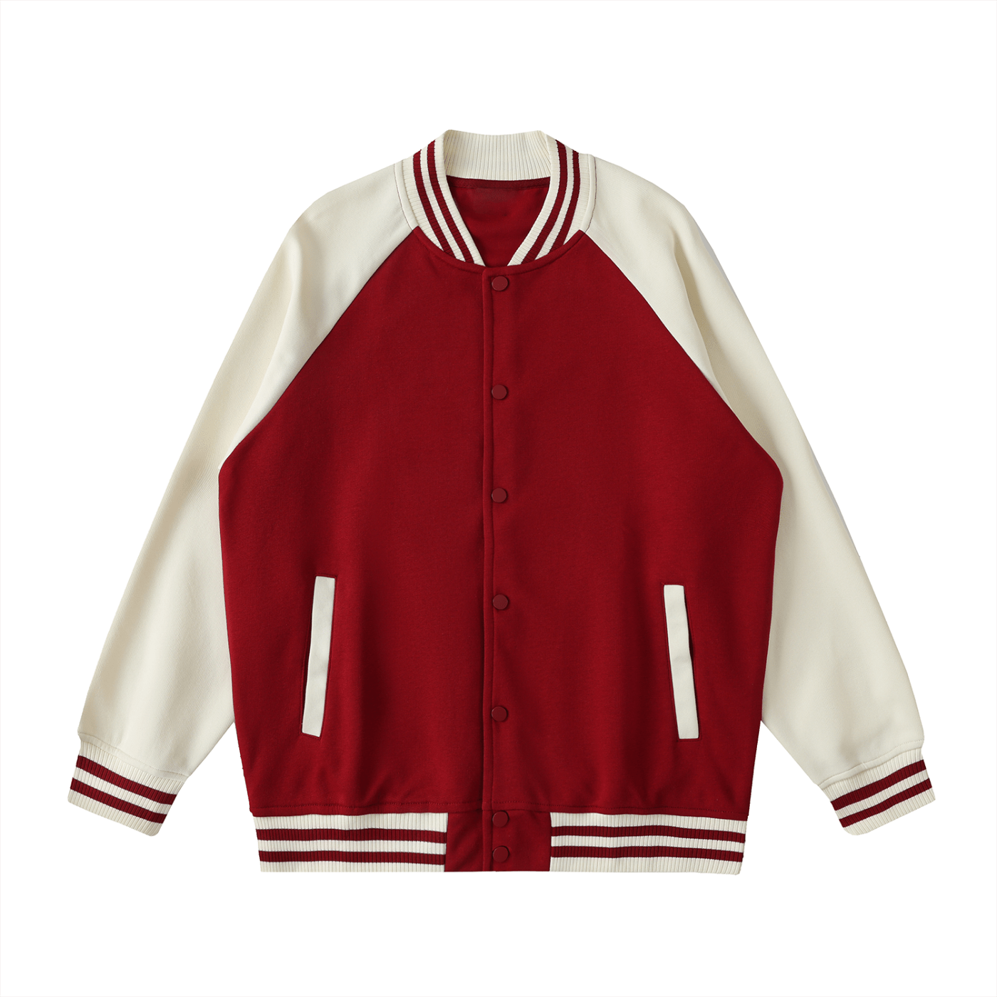 Red and white varsity jacket on a white background