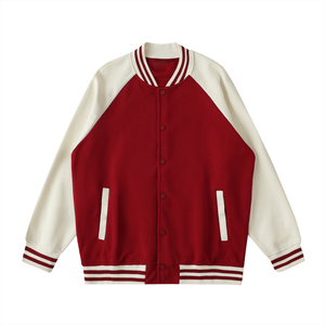 Red and white varsity jacket on a white background