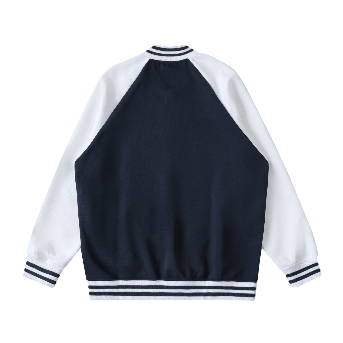 Navy and white baseball jacket on a white background