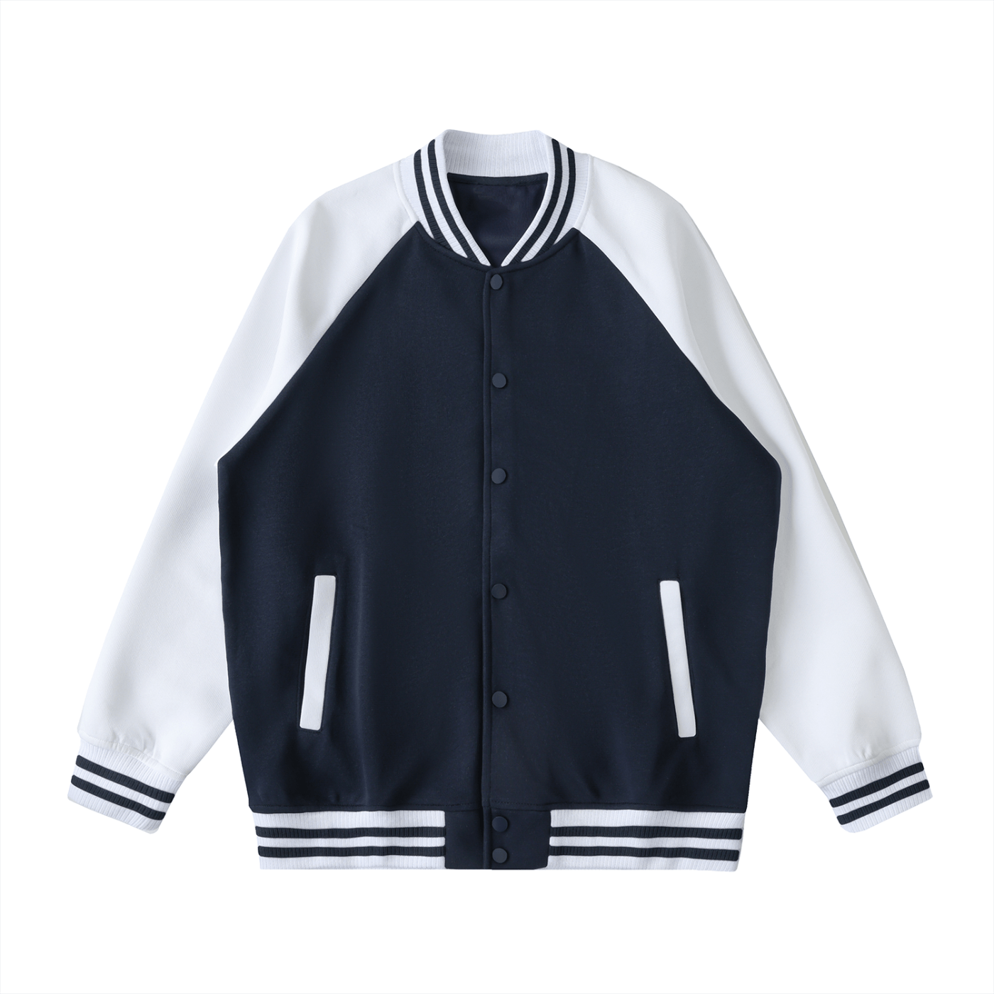 Navy and white varsity jacket on a white background