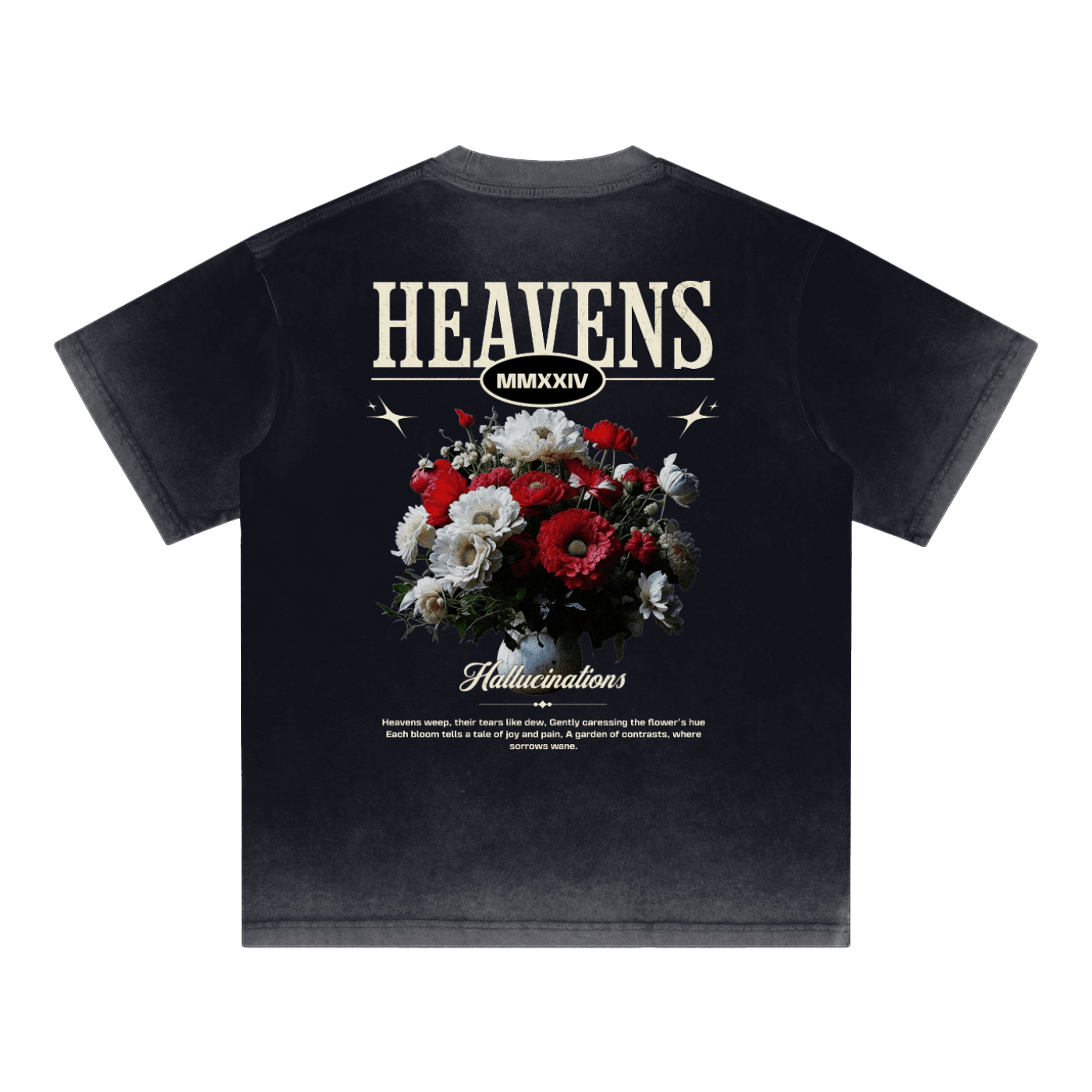 A black short-sleeve t-shirt with a distressed acid-wash finish, featuring a large graphic print on the back. The graphic displays the word 'HEAVENS' in a distressed cream font, 'MMXXXIV' below it, and a colorful bouquet of red, white, and black flowers.