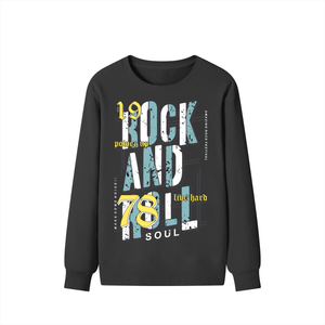 A black long-sleeve crewneck sweatshirt with a distressed graphic print on the front featuring the text '1978 ROCK AND ROLL SOUL' in light blue, yellow, and white.