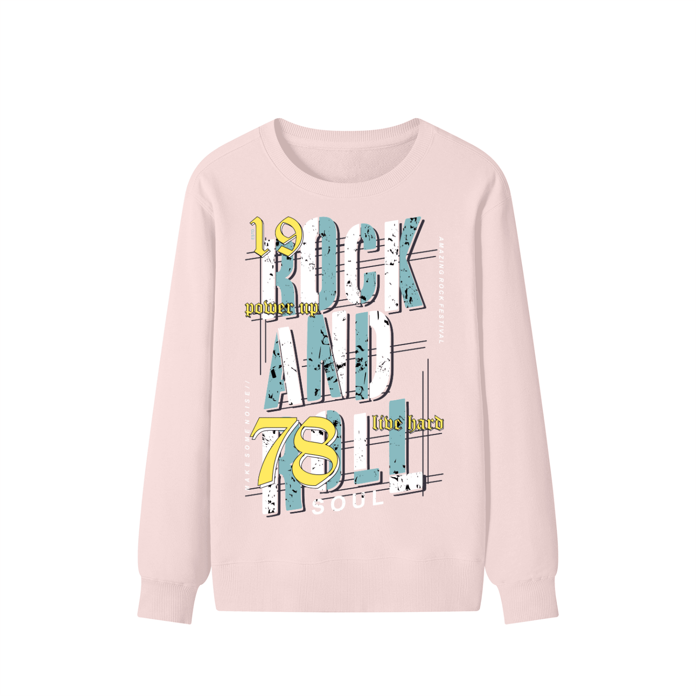 A light pink long-sleeve crewneck sweatshirt with a retro graphic print on the front reading '1978 ROCK AND 78' in distressed teal, white, and yellow lettering, shown against a plain white background.