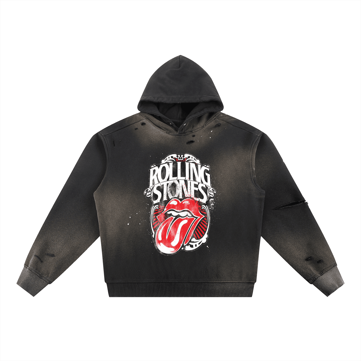 Black hoodie with Rolling Stones logo on a white background