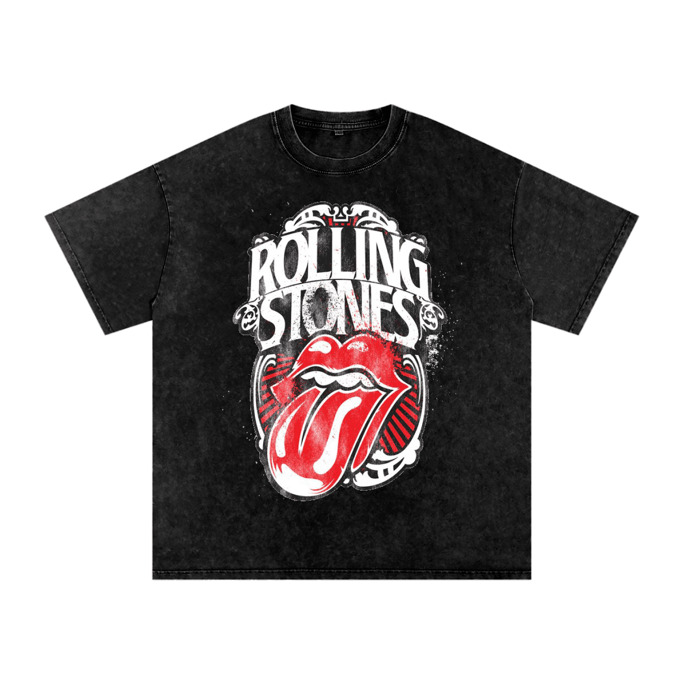 Black t-shirt with Rolling Stones logo on a white background