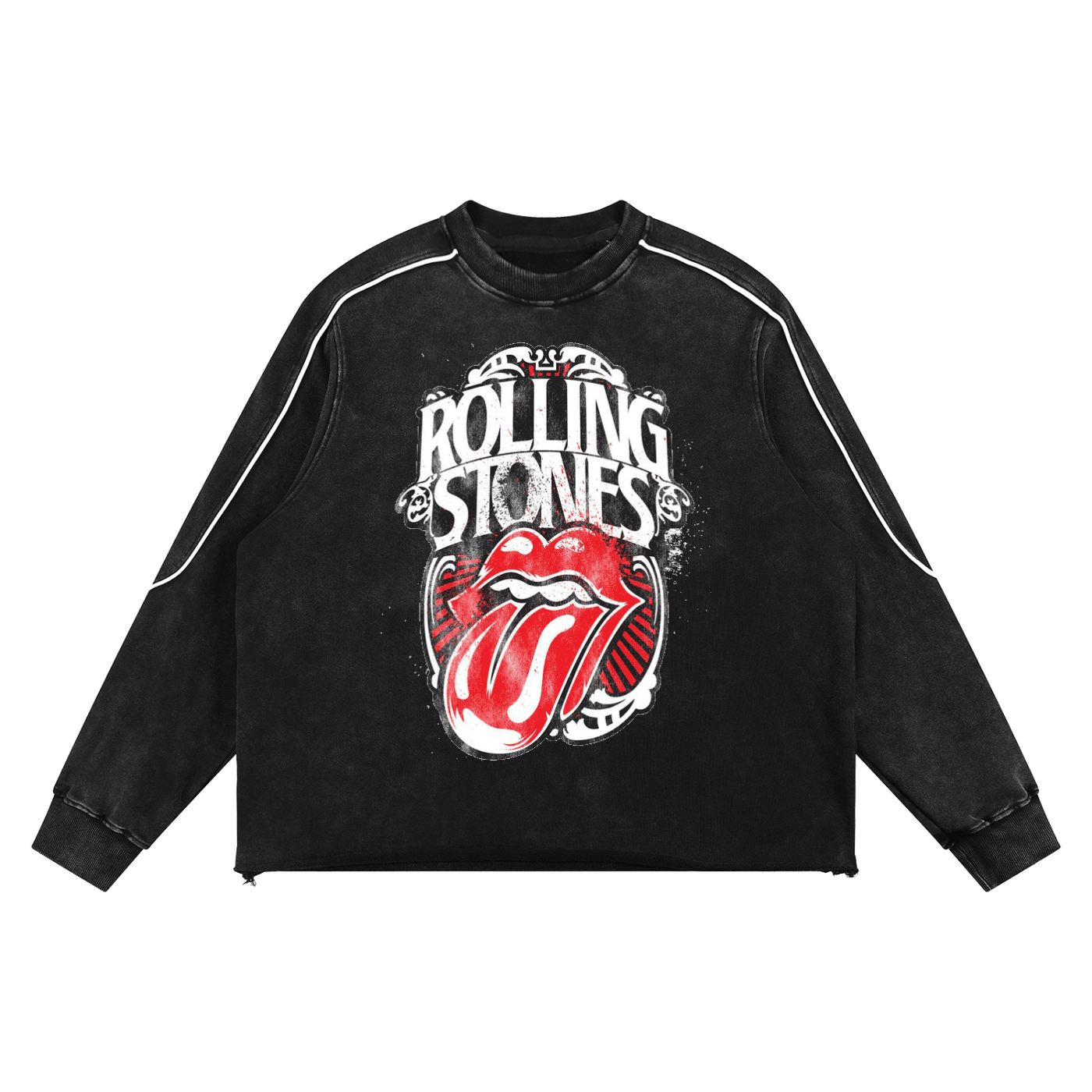 Black sweatshirt with Rolling Stones logo on a white background
