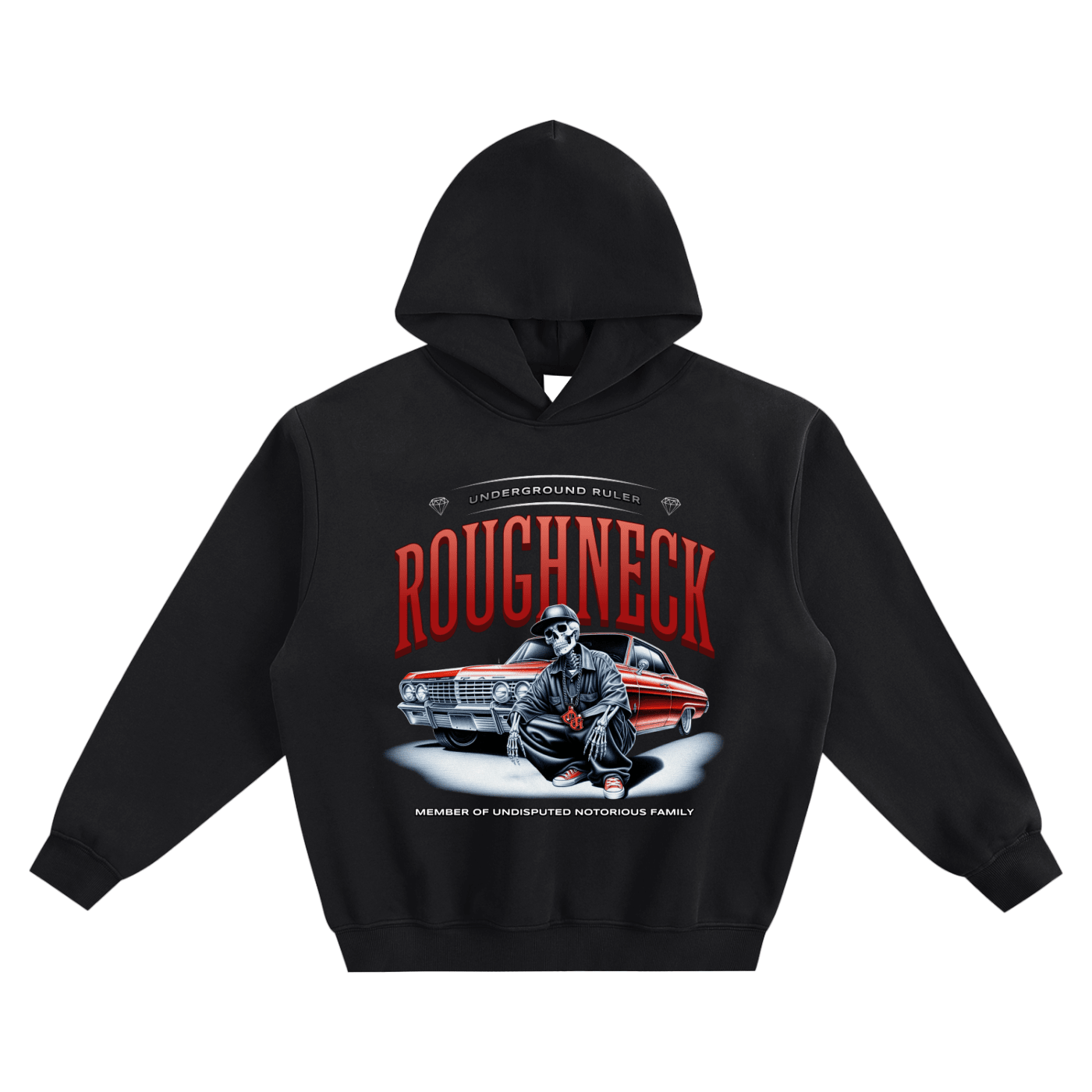 A black pullover hoodie with a large graphic print on the front. The graphic features the words 'ROUGHNECK' in bold red letters, 'UNDERGROUND BULLS' above, and a stylized illustration of a person crouching next to a red muscle car.