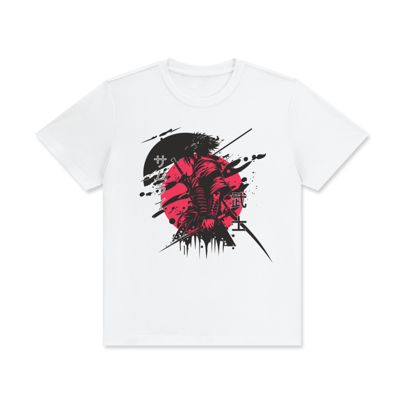 White t-shirt with a black and red graphic design on a white background