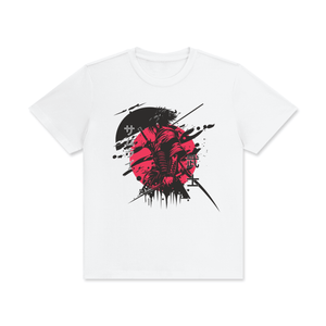 White t-shirt with a black and red graphic design on a white background