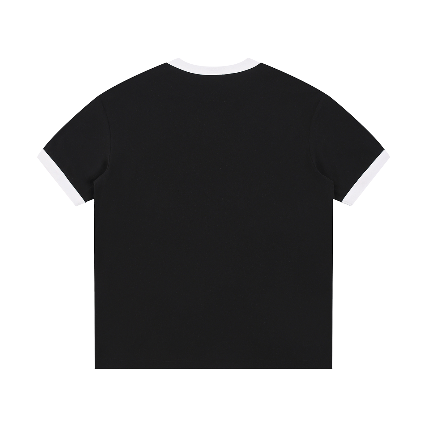 Black t-shirt with white trim on a white background