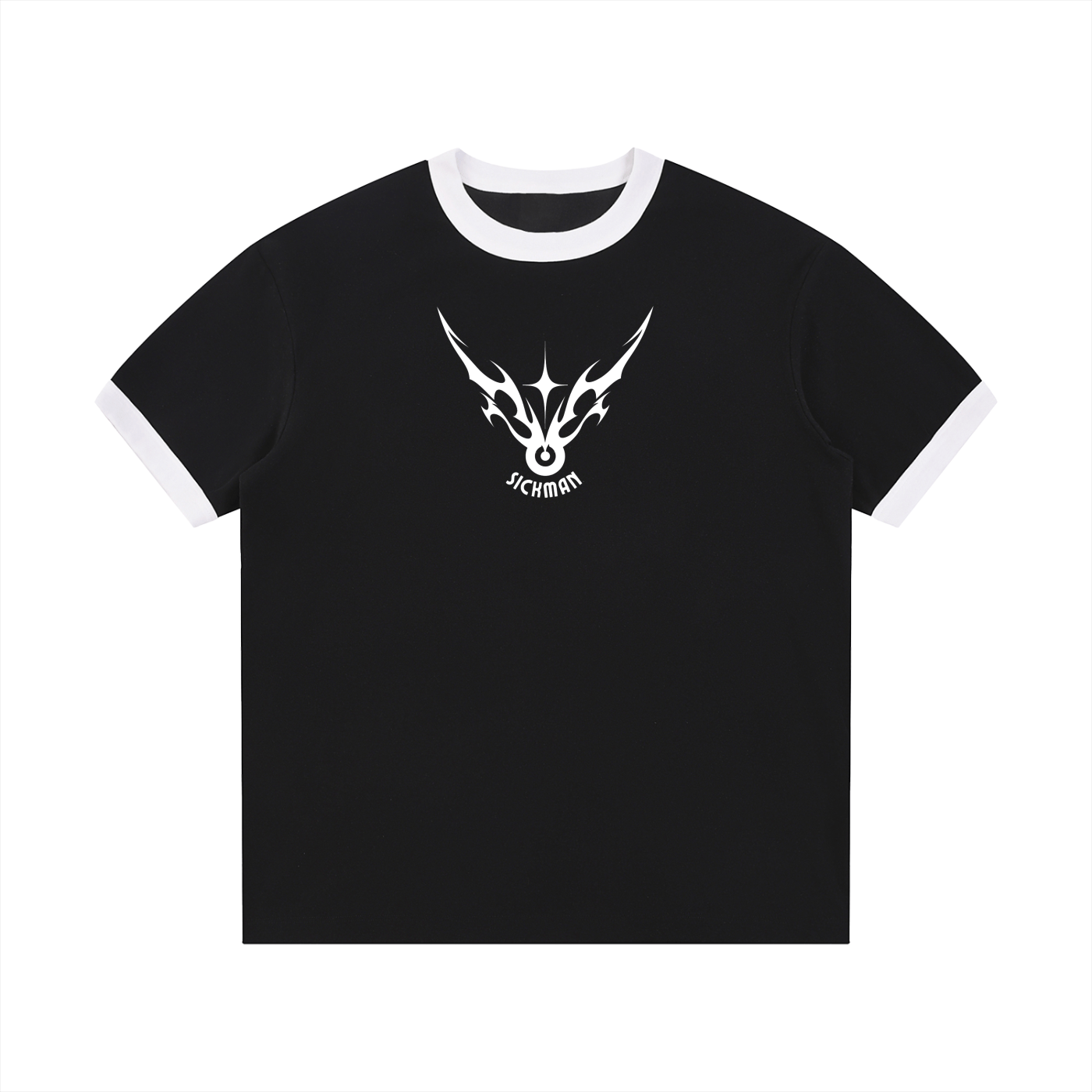Black t-shirt with a white logo on a white background