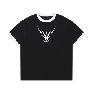 Black t-shirt with a white logo on a white background