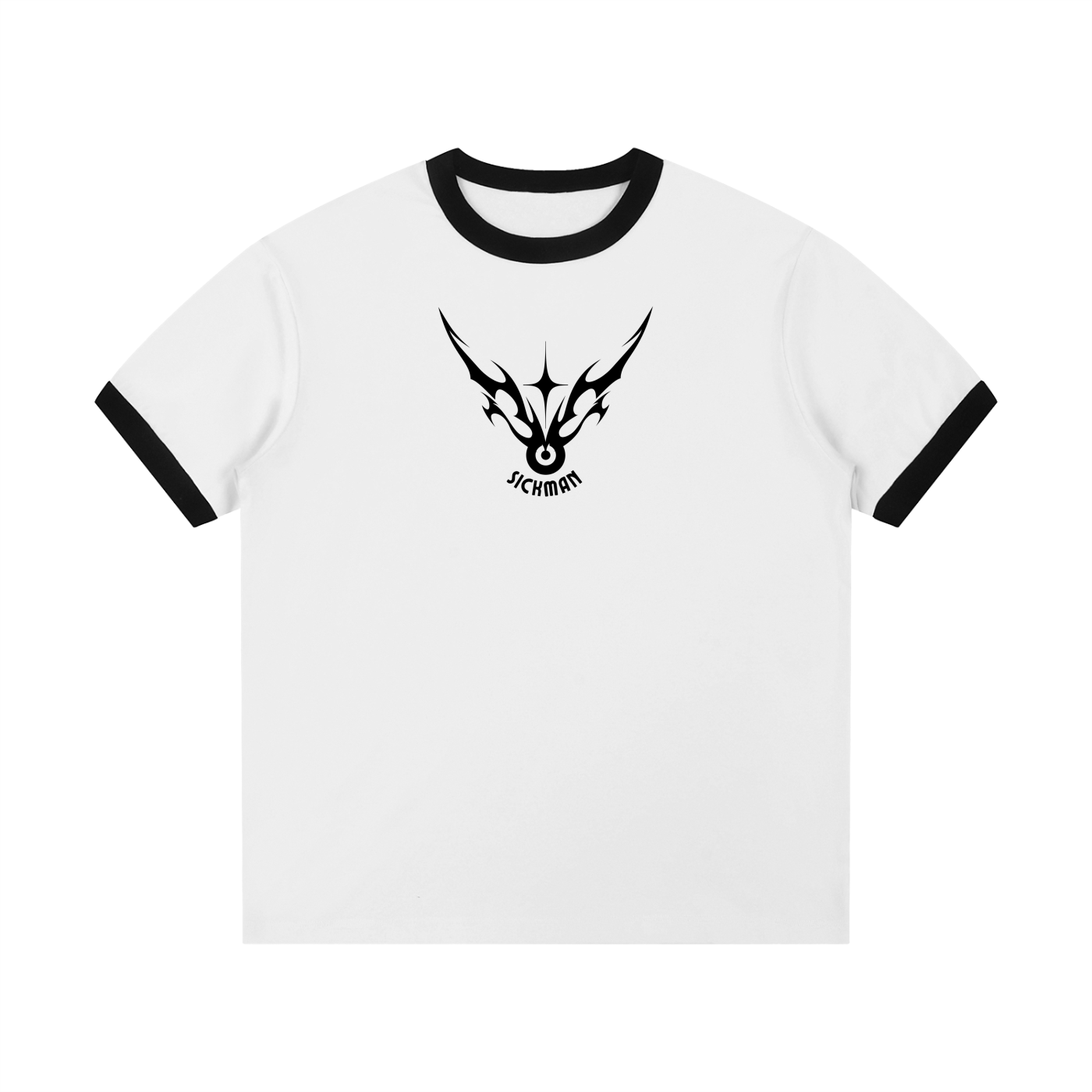 White t-shirt with black ringer sleeves and a black logo on a white background