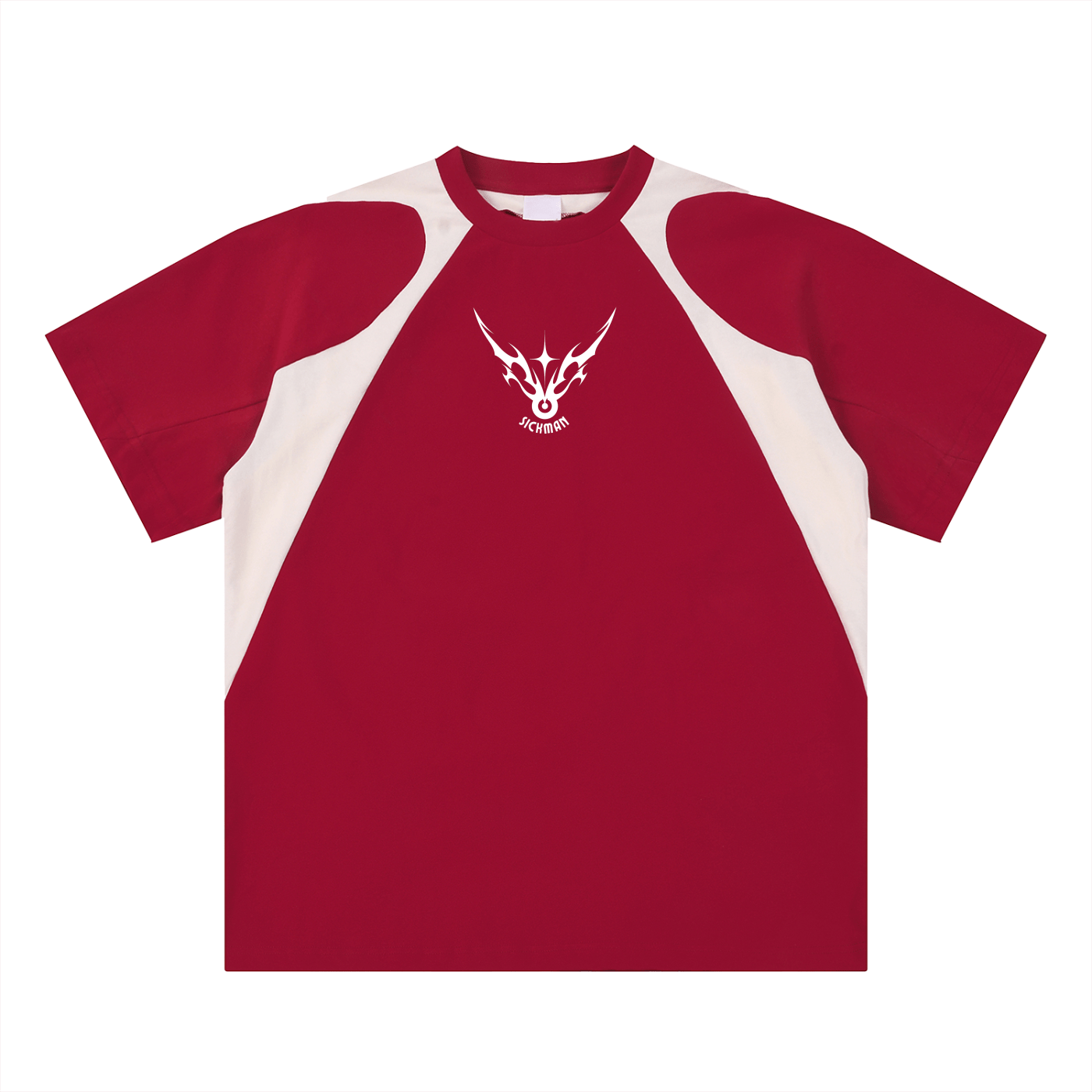Red and white t-shirt with a logo on a white background