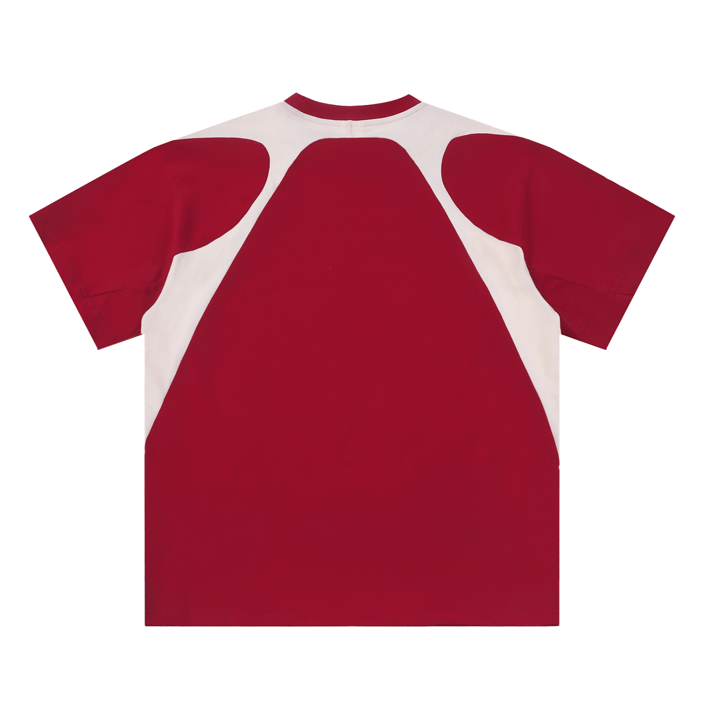 Red and white baseball-style shirt on a white background