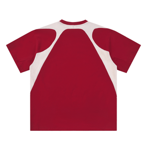 Red and white baseball-style shirt on a white background