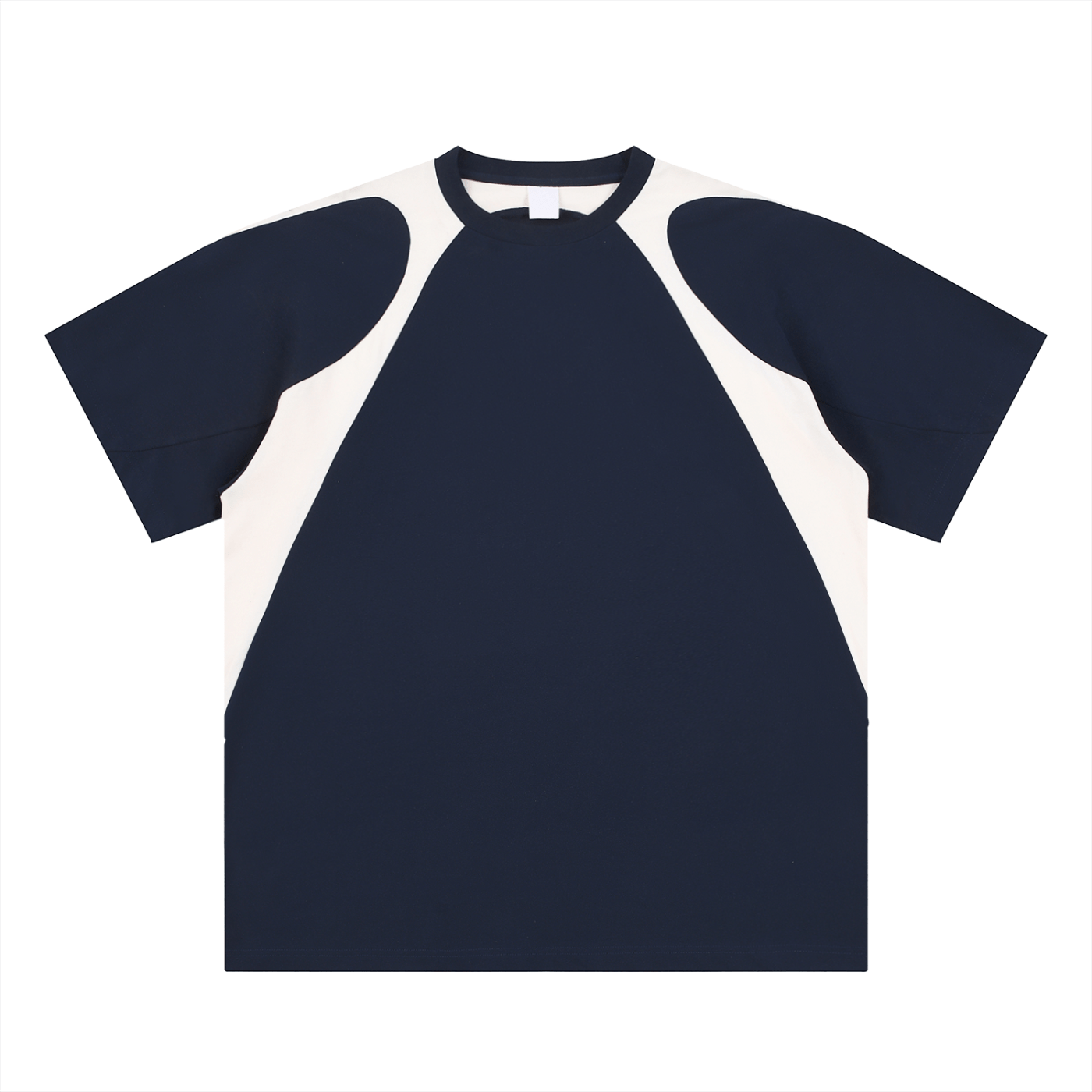 Navy blue and white dress with raglan sleeves on a white background