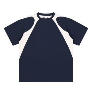 Navy blue and white dress with raglan sleeves on a white background