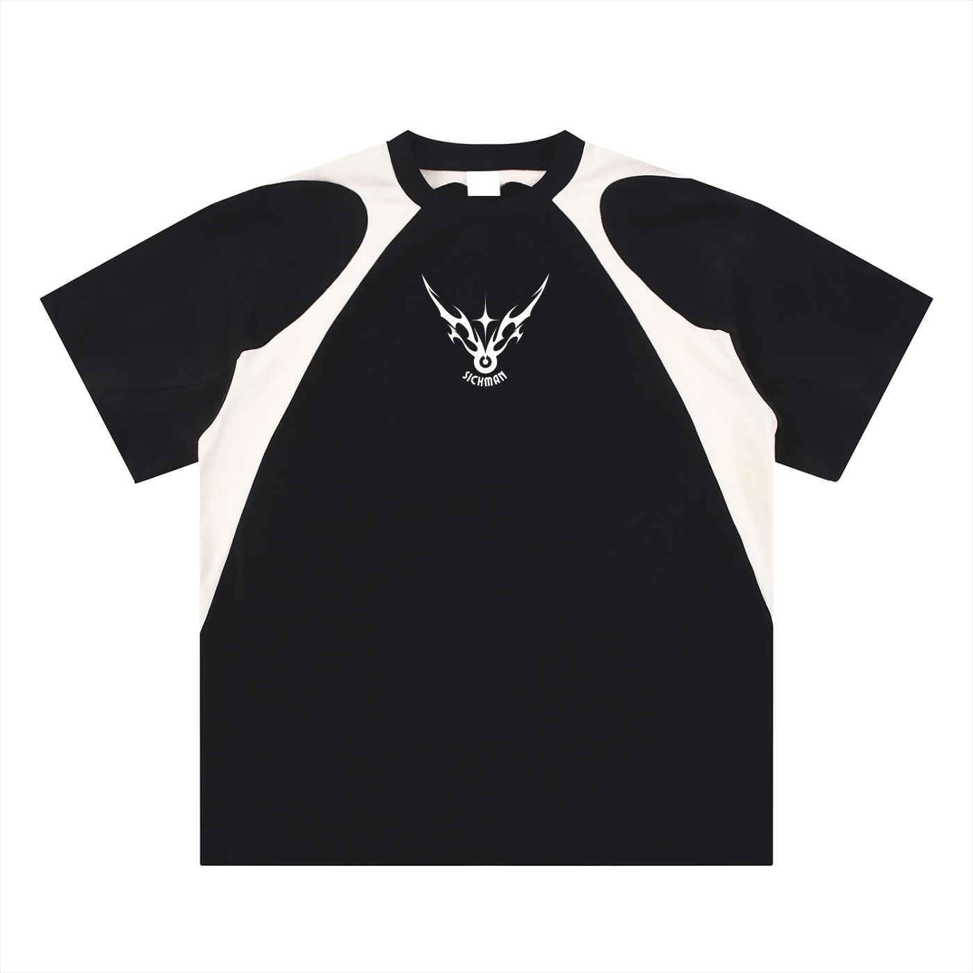 Black and white baseball shirt with a logo on a white background