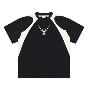 Black and white baseball shirt with a logo on a white background