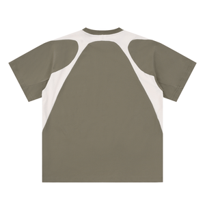Back view of a baseball-style shirt with green and white color scheme on a white background