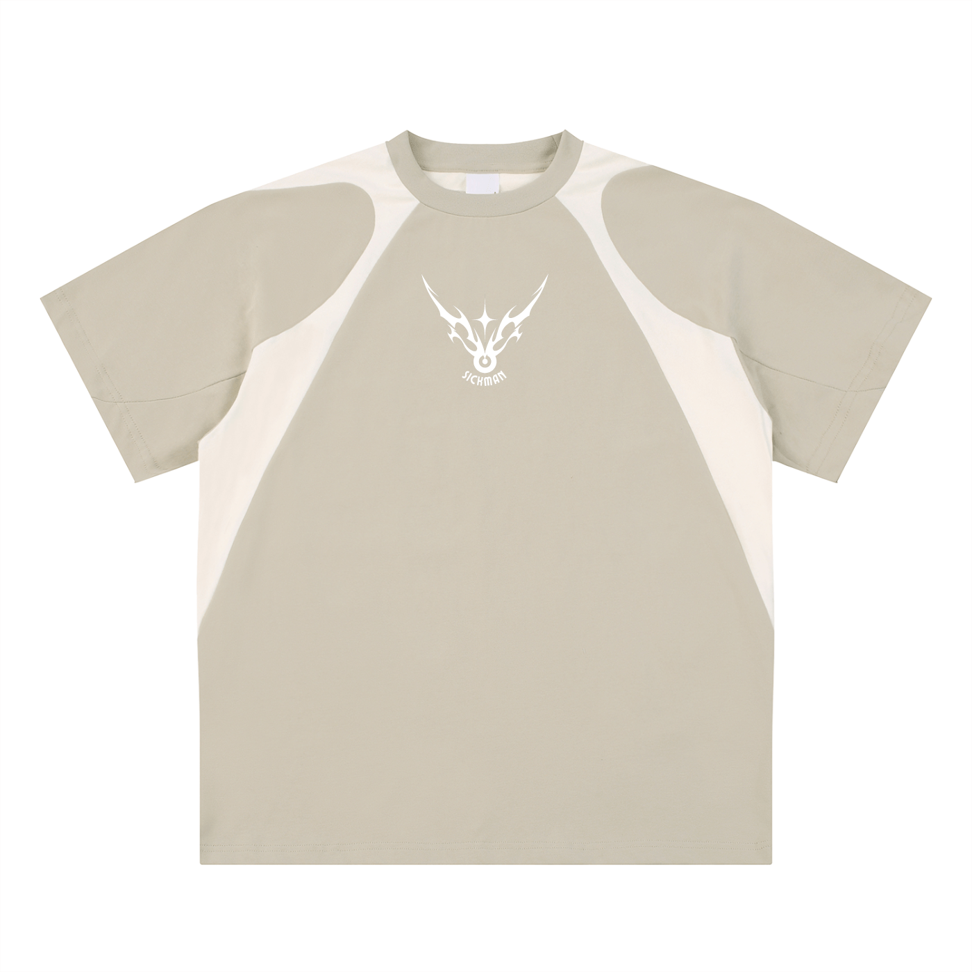 Beige and white t-shirt with a logo on a white background