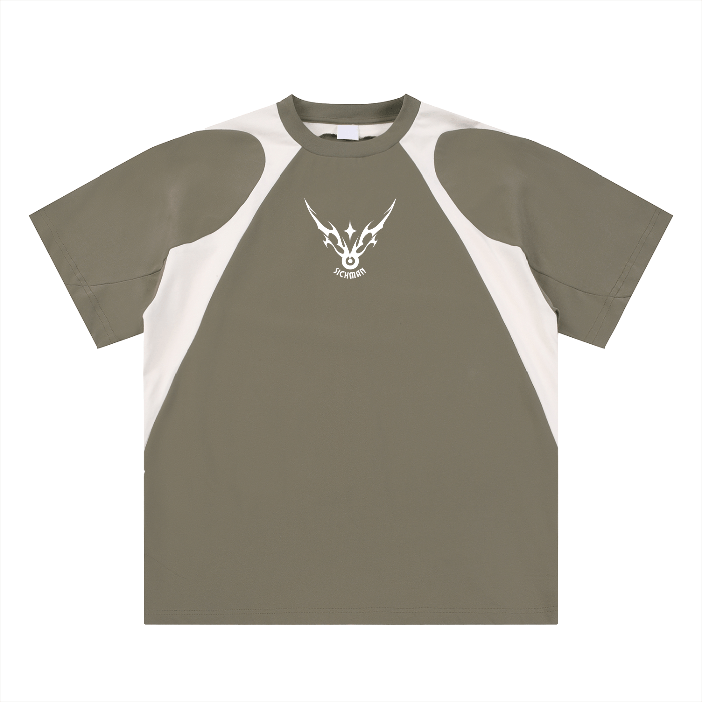 Green and white t-shirt with a logo on a white background