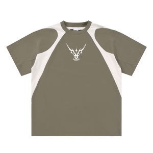 Green and white t-shirt with a logo on a white background