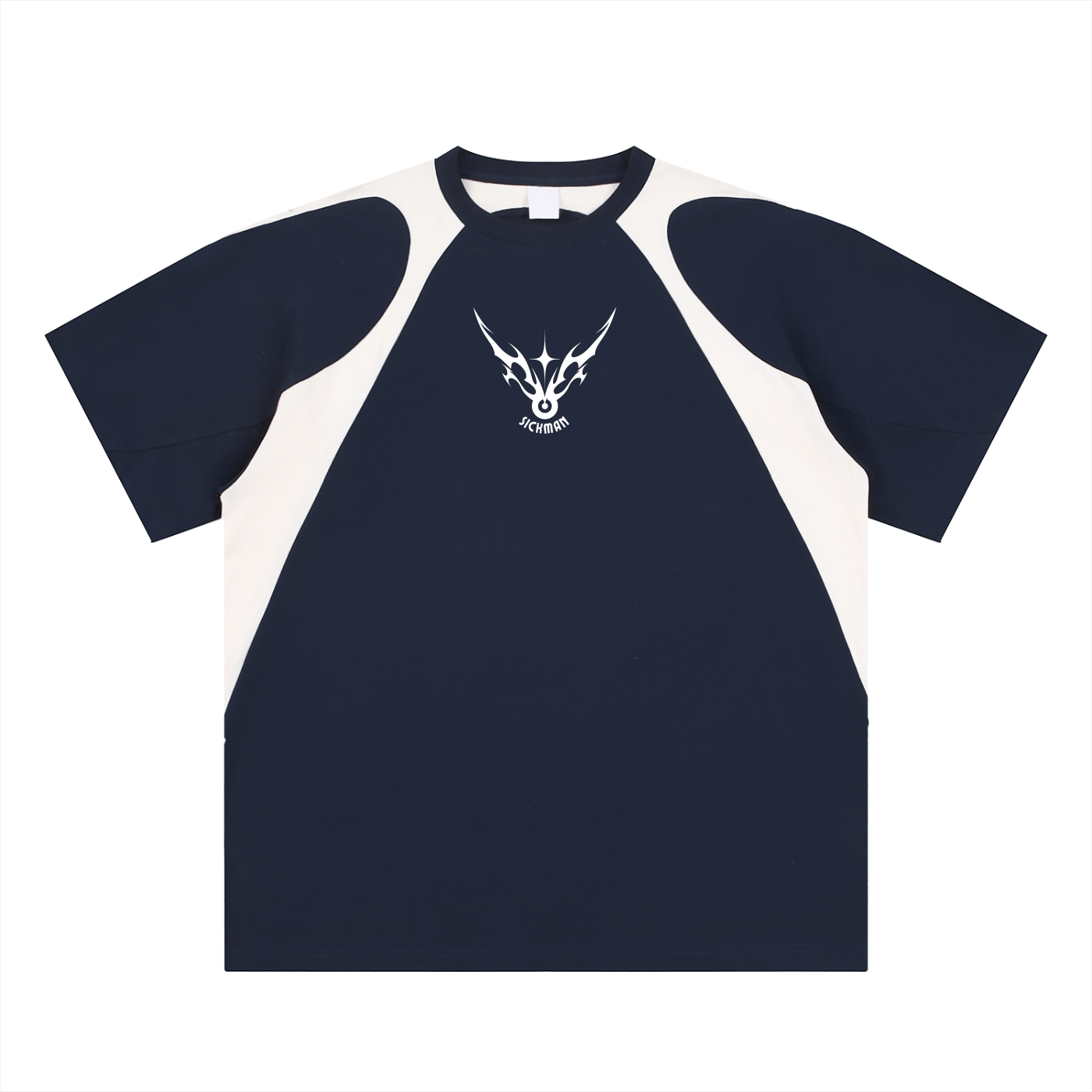 Navy and white baseball shirt with a logo on a white background