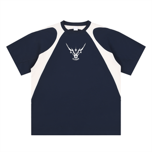Navy and white baseball shirt with a logo on a white background