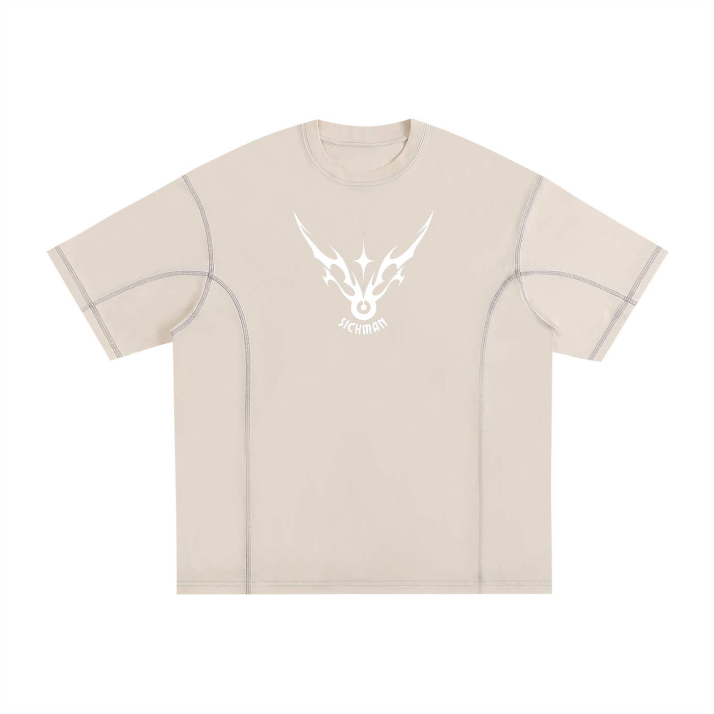 Beige t-shirt with a white logo on a white background