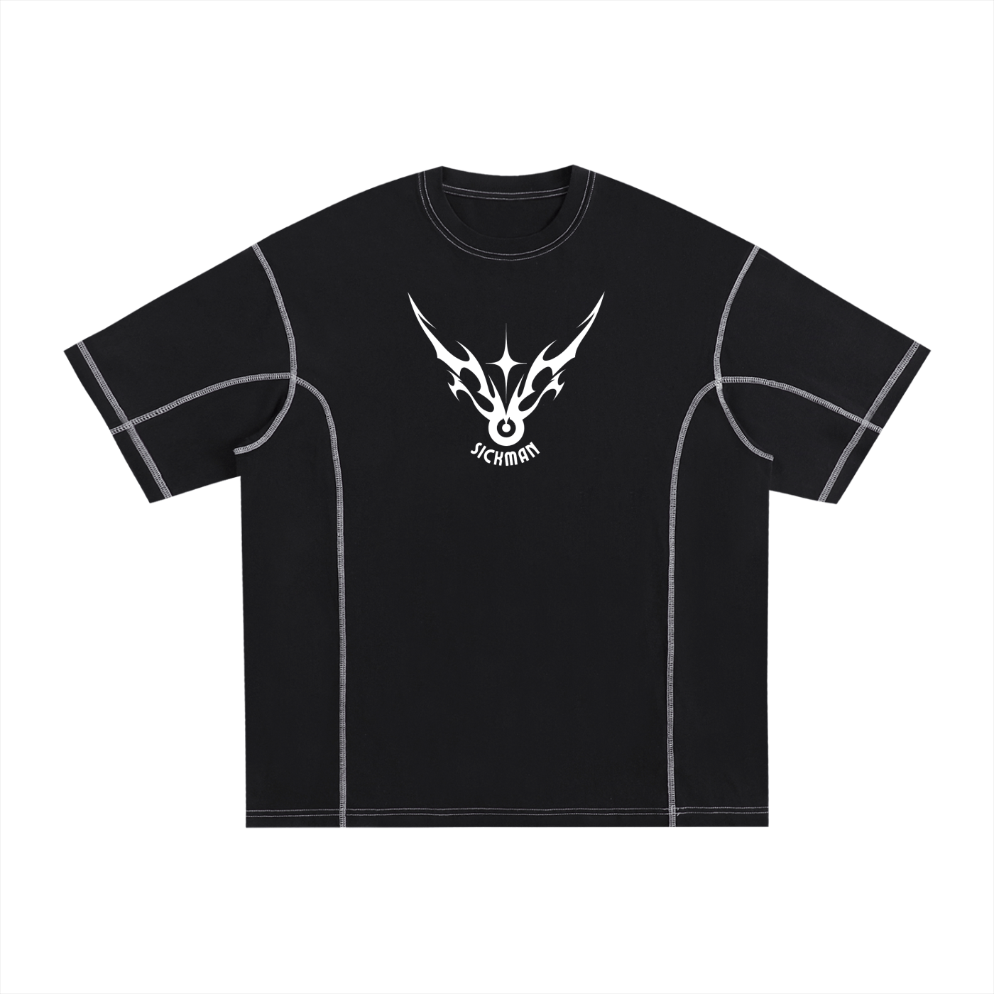 Black t-shirt with a white logo on a white background