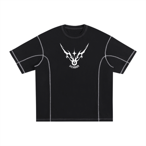 Black t-shirt with a white logo on a white background