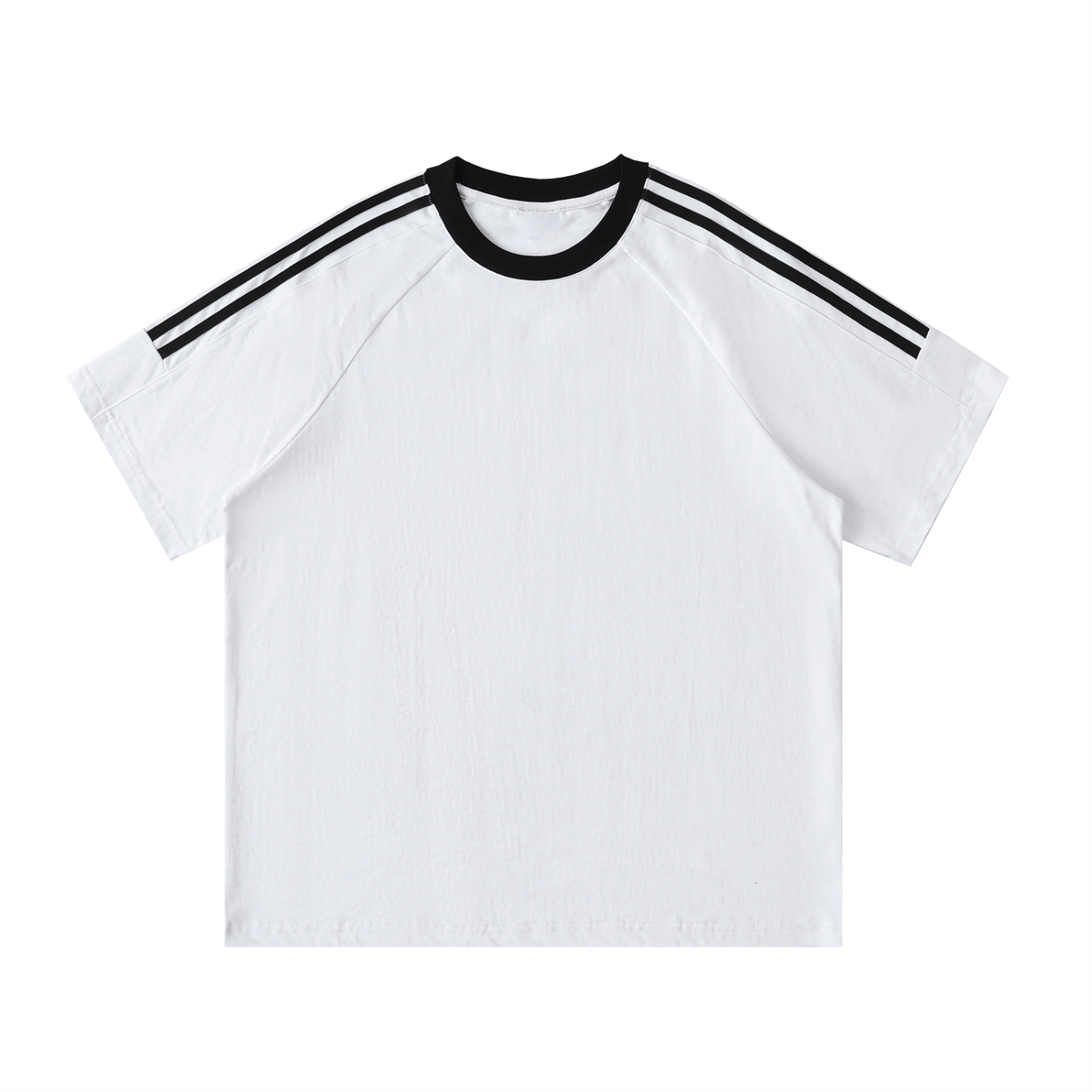White t-shirt with black stripes on a white background