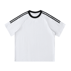 White t-shirt with black stripes on a white background
