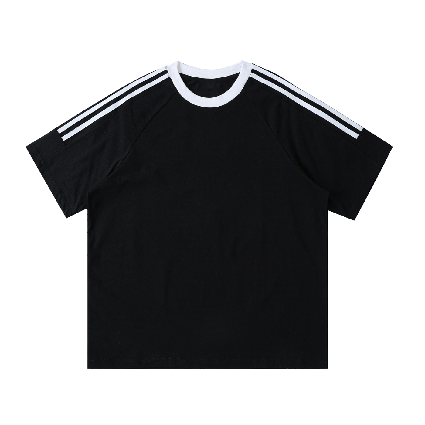 Black t-shirt with white stripes on a white background