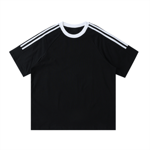 Black t-shirt with white stripes on a white background