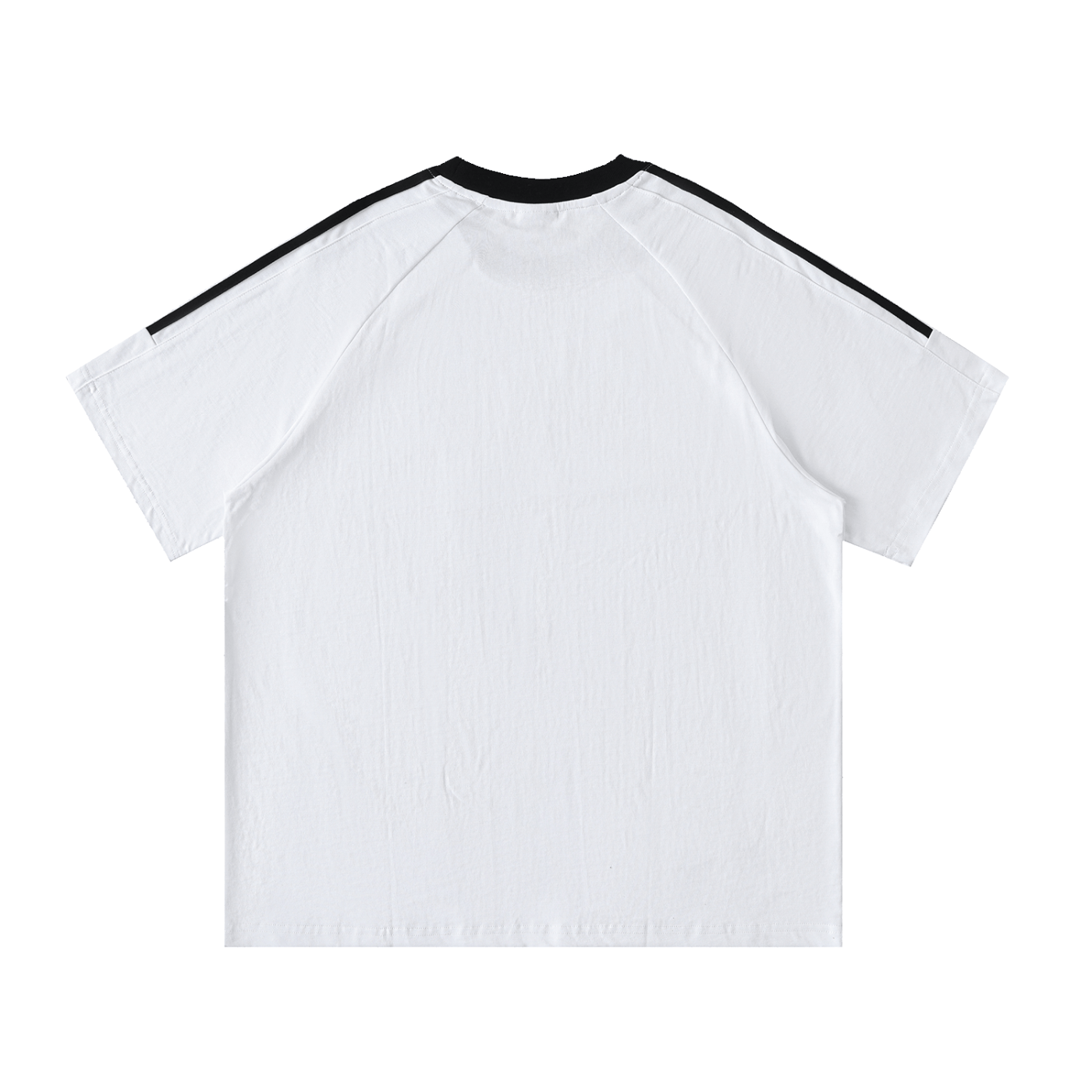 White t-shirt with black trim on a white background