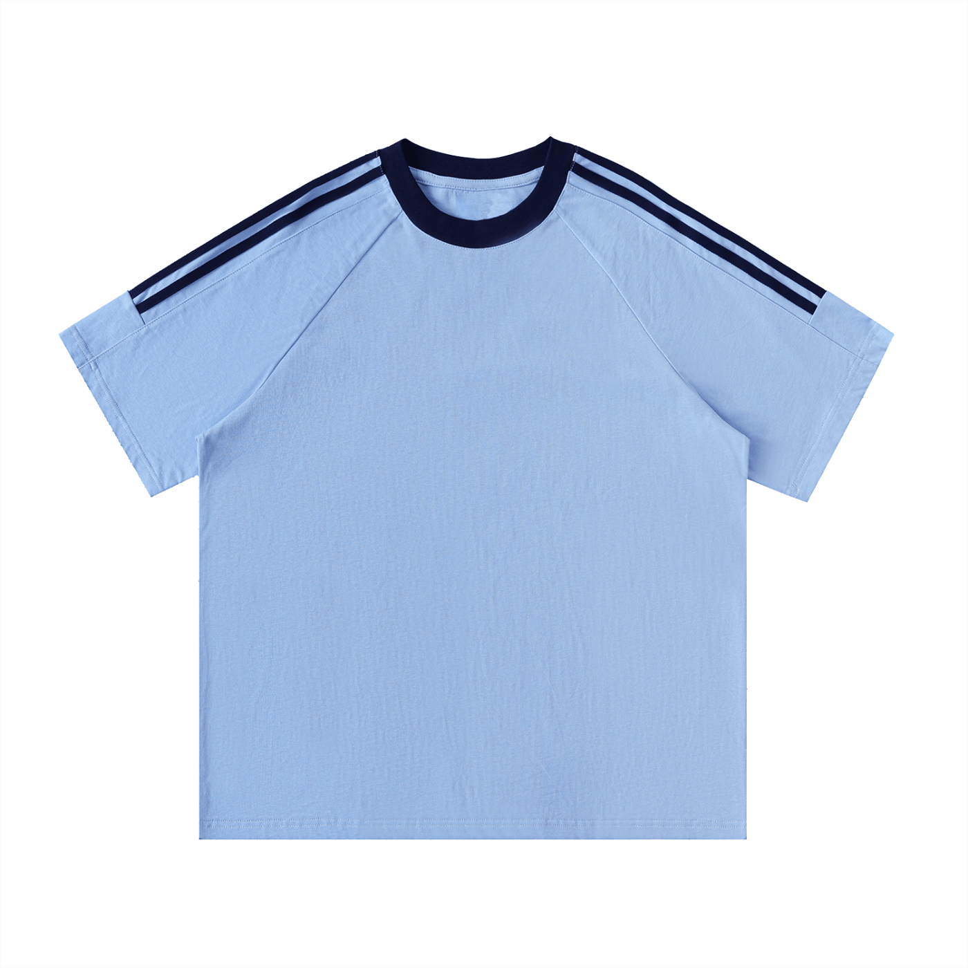 Light blue t-shirt with dark blue stripes on a white background